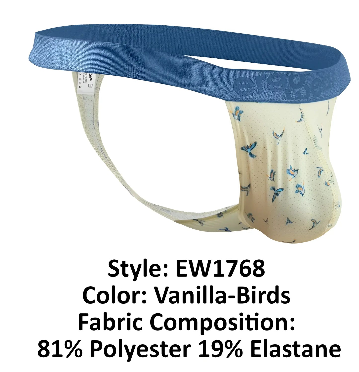 Vanilla-colored ergoWear ew1768 slk se g-string briefs with bird pattern and blue waistband made of polyester elastane