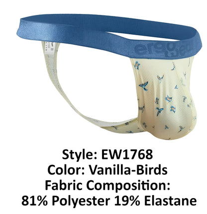 Vanilla-colored ergoWear ew1768 slk se g-string briefs with bird pattern and blue waistband made of polyester elastane