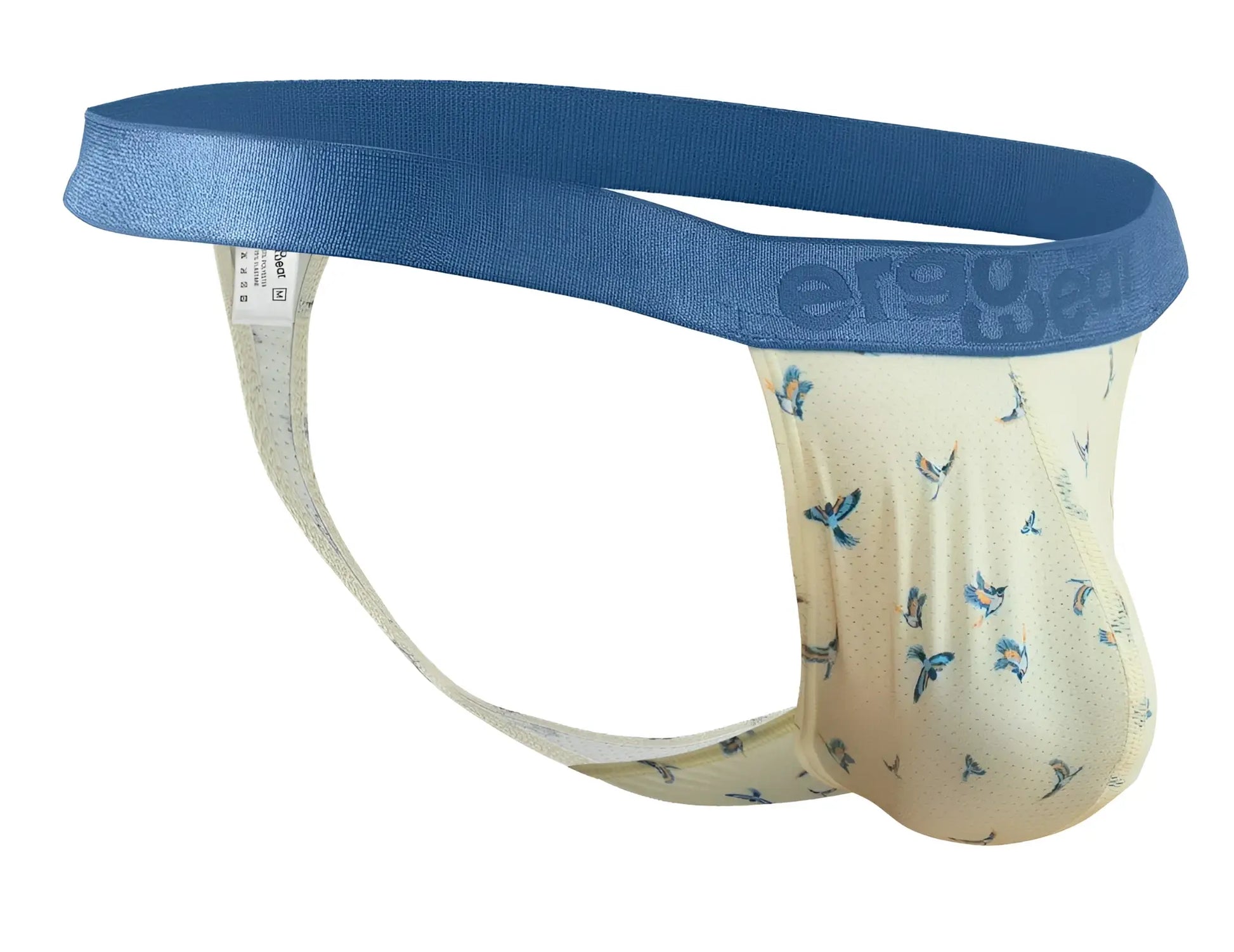 Cream-colored men’s briefs with blue butterfly pattern and solid blue waistband featuring ergo brand name