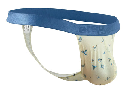 Cream-colored men’s briefs with blue butterfly pattern and solid blue waistband featuring ergo brand name