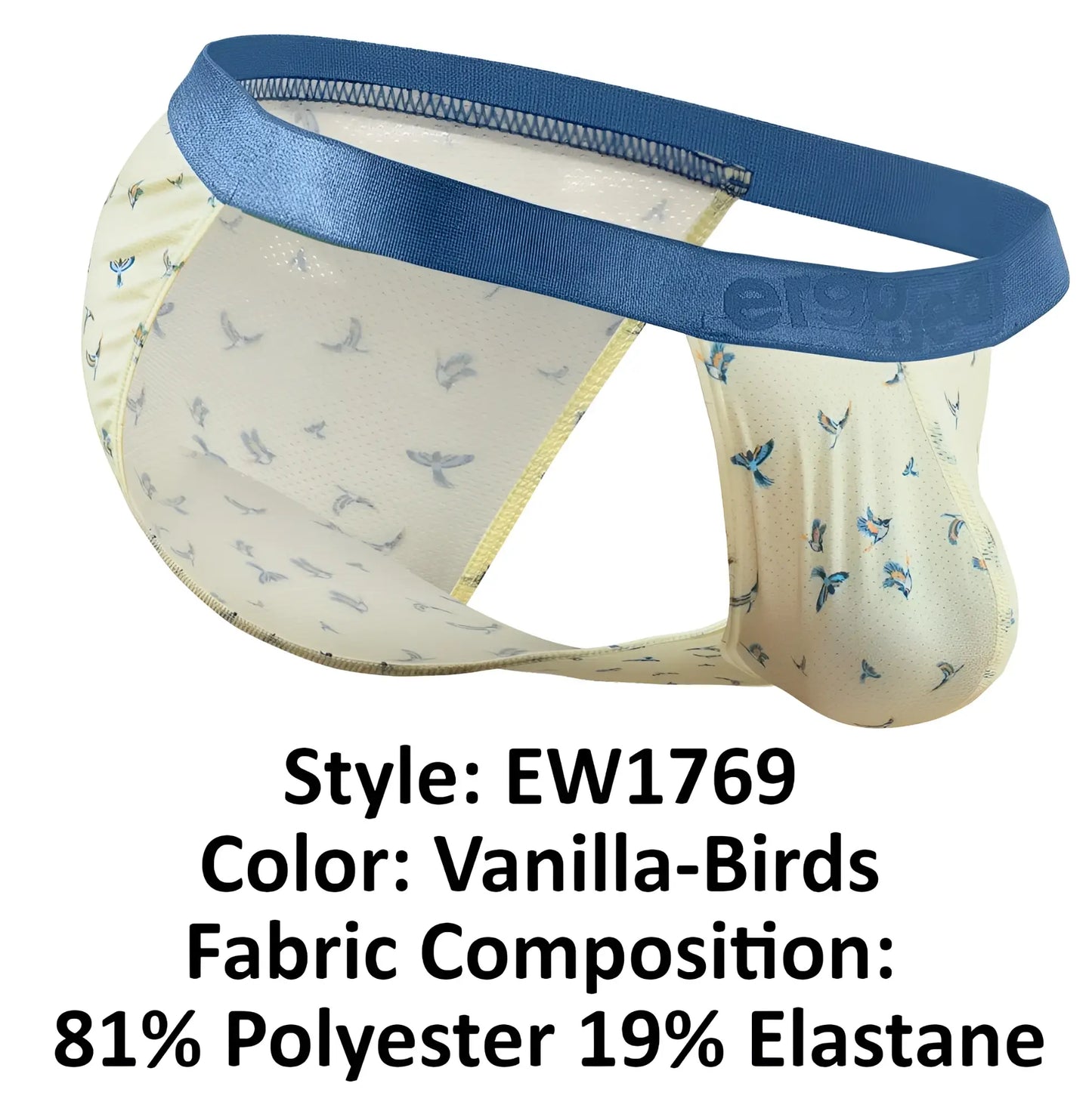 Vanilla color ErgoWear EW1769 SLK SE bikini briefs with blue satin waistband and subtle bird pattern made of polyester elastane