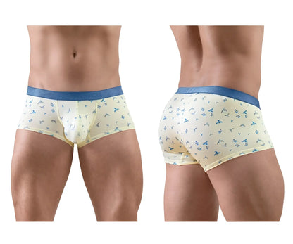 Ergowear ew1770 slk se cream boxer briefs with subtle blue bird pattern and solid blue waistband in front view