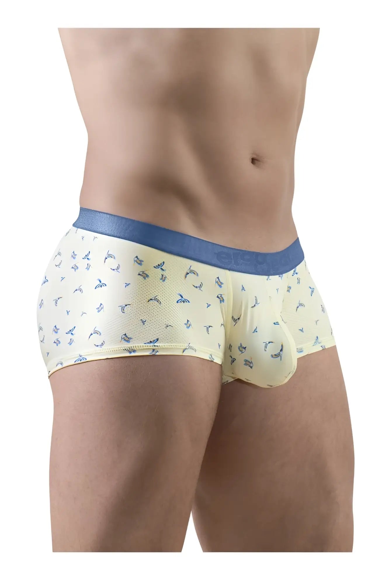 Ergo wear ew1770 slk se trunks in vanilla color featuring cream briefs with blue bird pattern and solid blue waistband