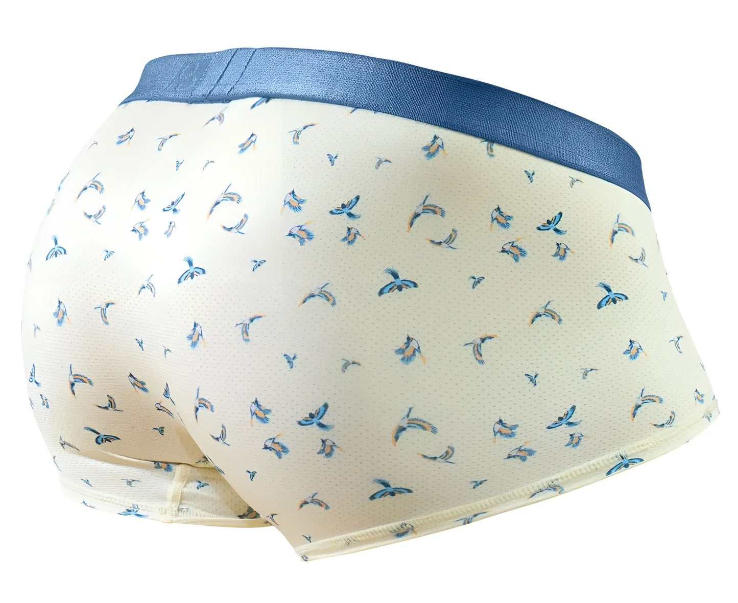 Cream-colored ErgoWear EW1770 SLK SE trunks with blue bird pattern and solid navy waistband in vanilla-birds color