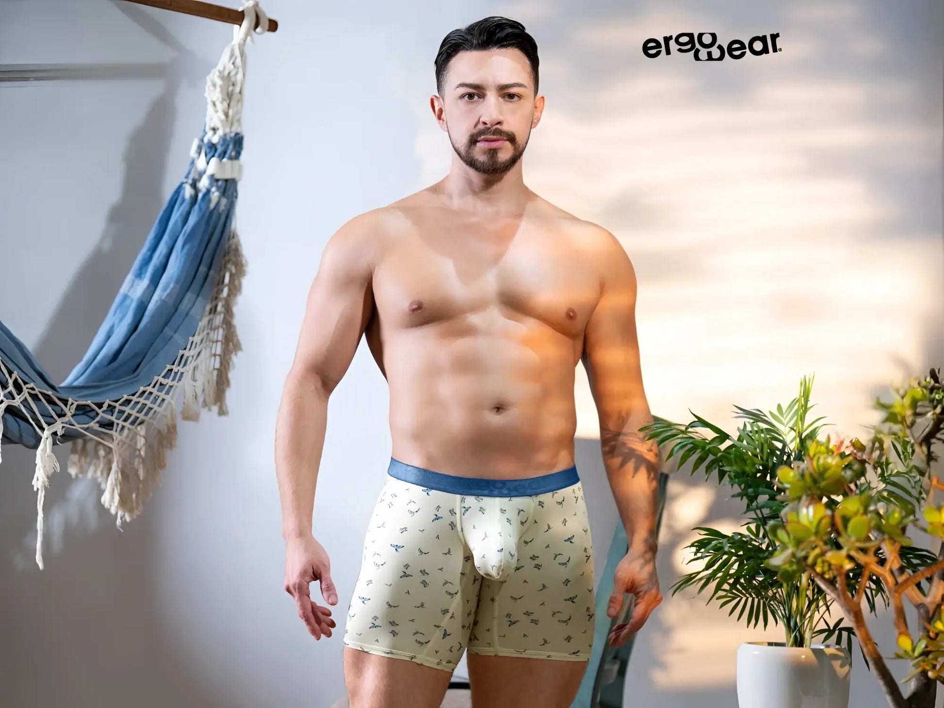 Beige ergowear boxer briefs with subtle bird pattern and solid blue waistband model ew1771 slk se in vanilla birds color