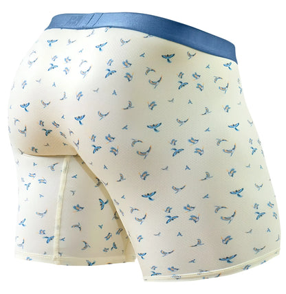 Cream-colored ergoWear EW1771 SLK SE boxer briefs with subtle blue bird pattern and solid navy waistband