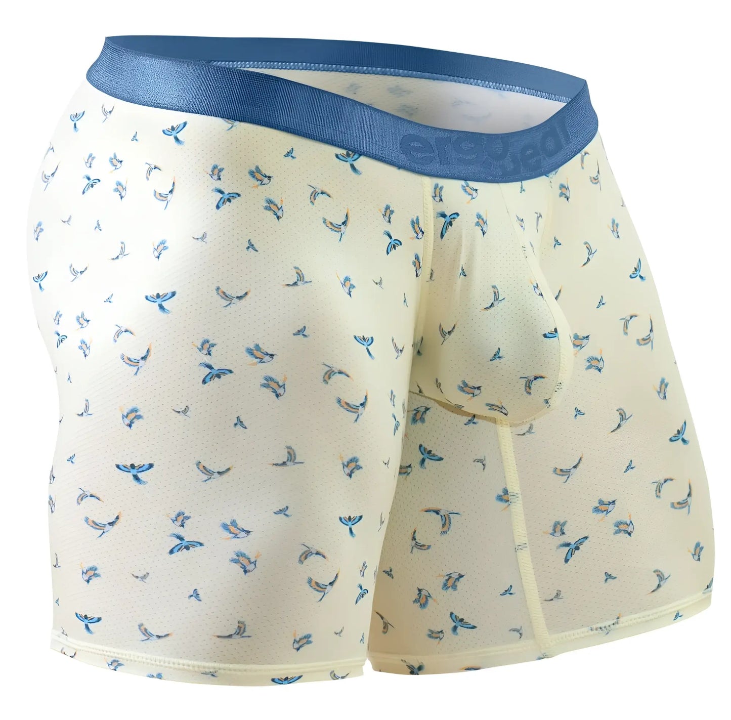 Cream-colored ergoWear ew1771 SLK SE boxer briefs with a subtle blue bird pattern and navy elastic waistband