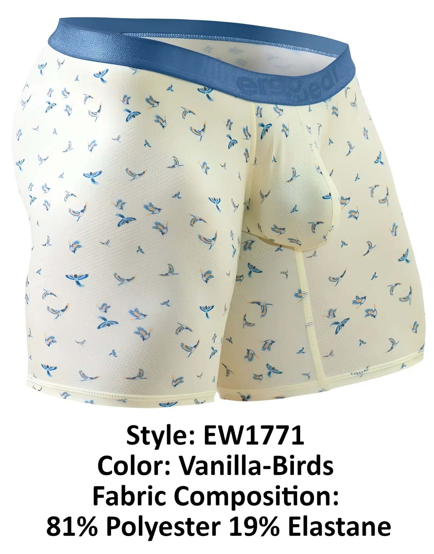 Ergowear ew1771 slk se cream-colored boxer briefs with subtle blue bird pattern and solid blue elastic waistband