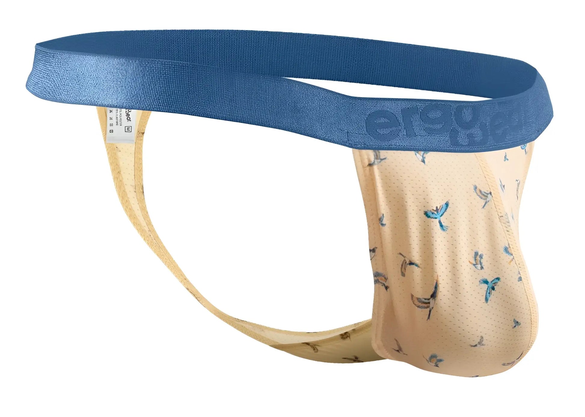 Beige and blue patterned men’s jockstrap with textured fabric and small bird motifs by ergowear ew1772 slk se g-string