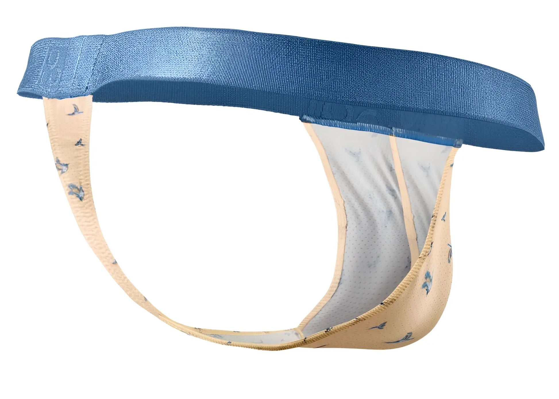 Blue and beige patterned men’s briefs with subtle bird design from ergowear ew1772 slk se g-string peach birds collection