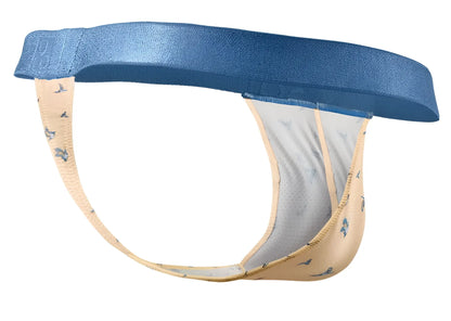 Blue and beige patterned men’s briefs with subtle bird design from ergowear ew1772 slk se g-string peach birds collection