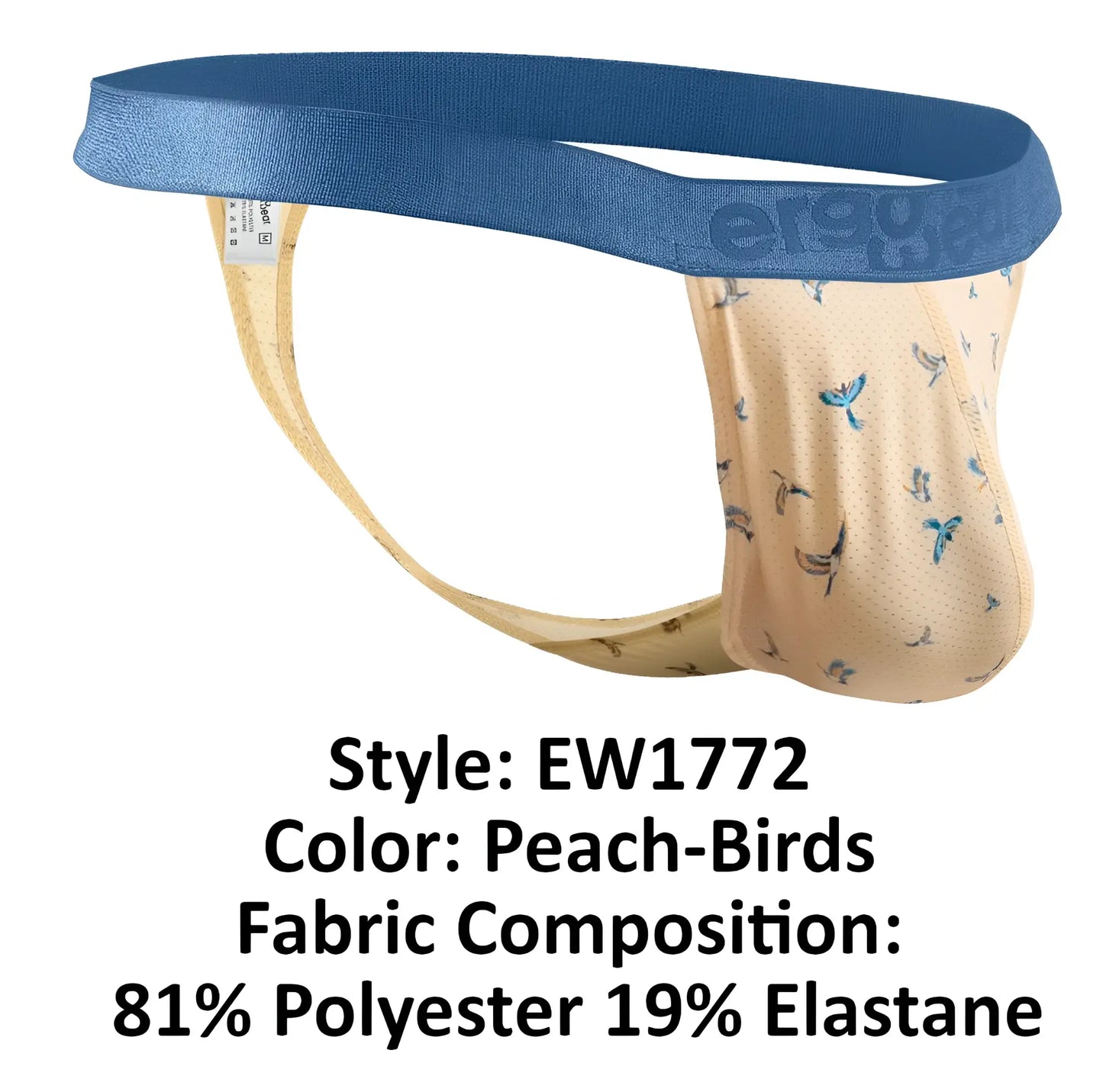 Ergowear ew1772 slk se g-string peach birds men’s briefs with blue elastic waistband and small bird pattern
