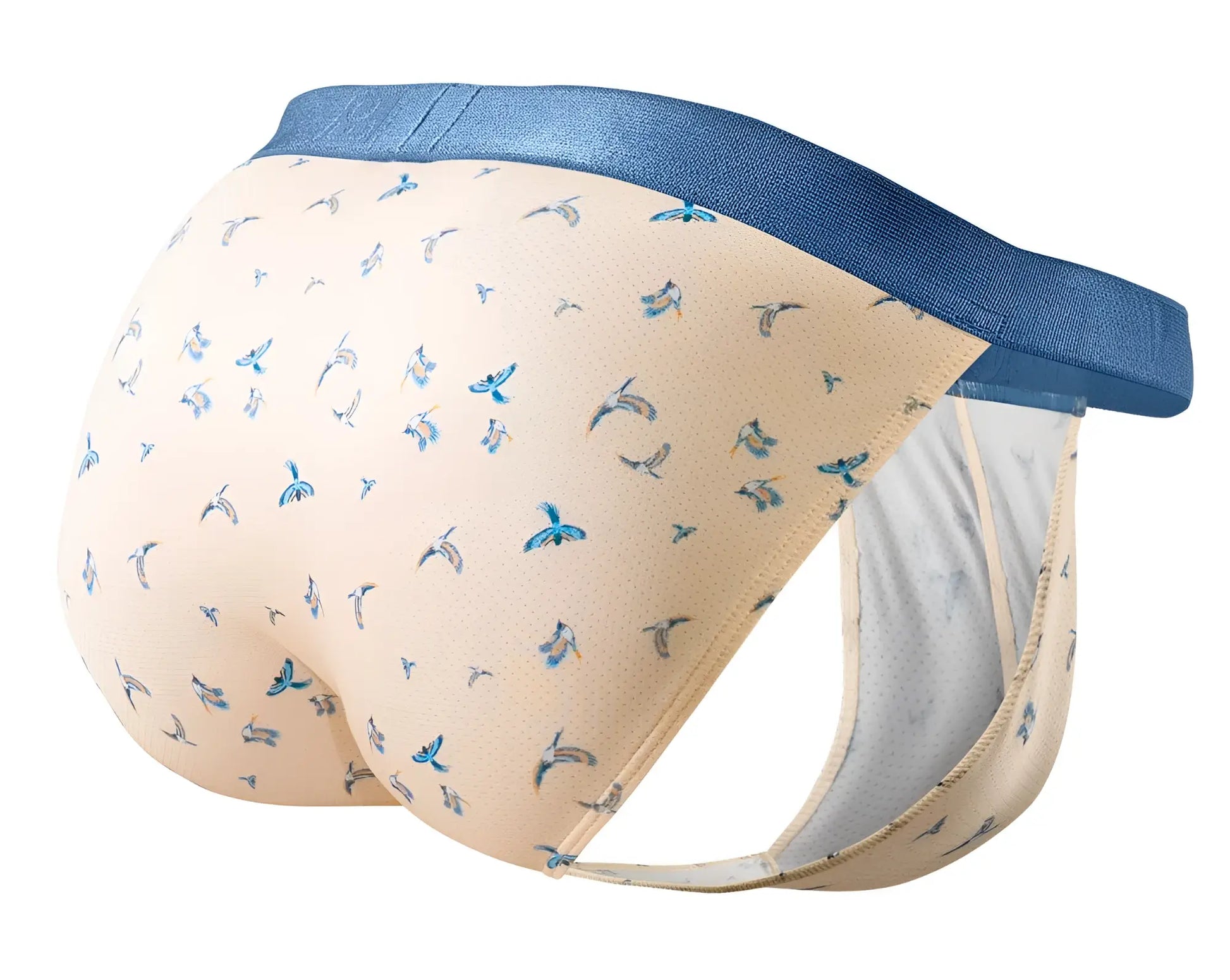 Beige ErgoWear EW1773 SLK SE bikini briefs with blue bird pattern and solid navy waistband in peach-birds color