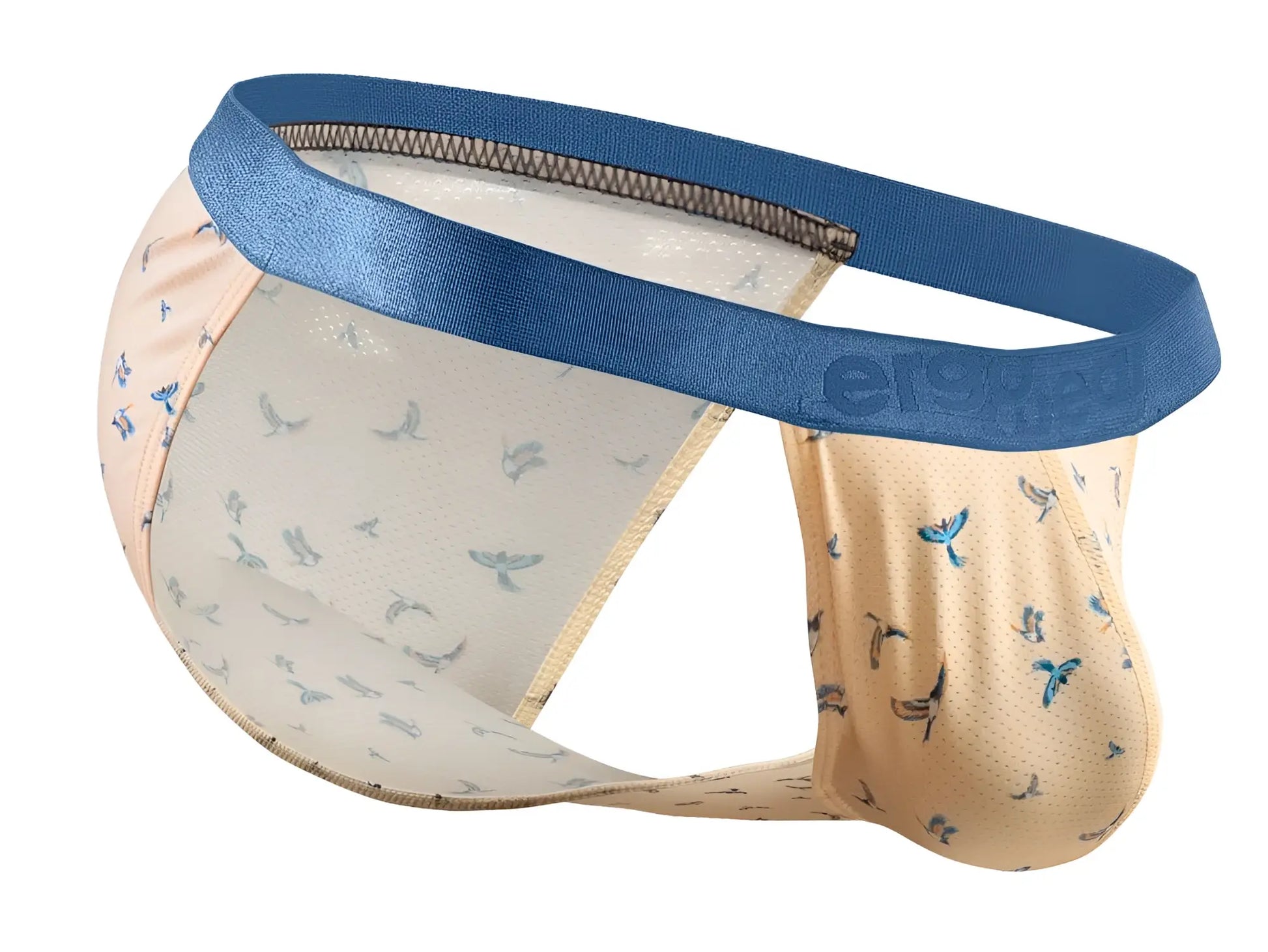 Beige and blue patterned men’s briefs with satin waistband from ergowear ew1773 slk se bikini peach-birds collection