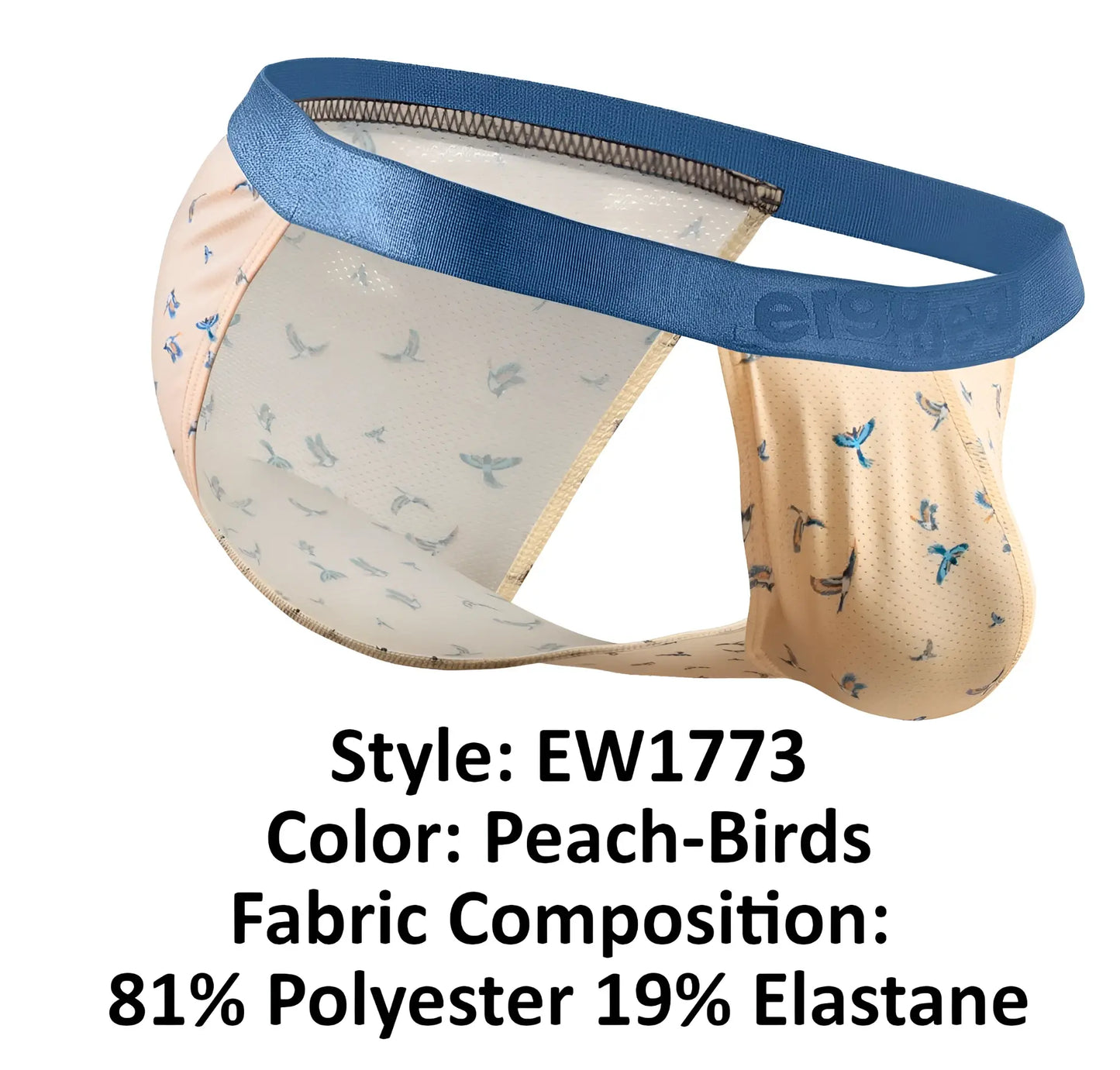 Peach-colored ergo wear ew1773 slk se bikini briefs with subtle bird pattern and blue satin waistband