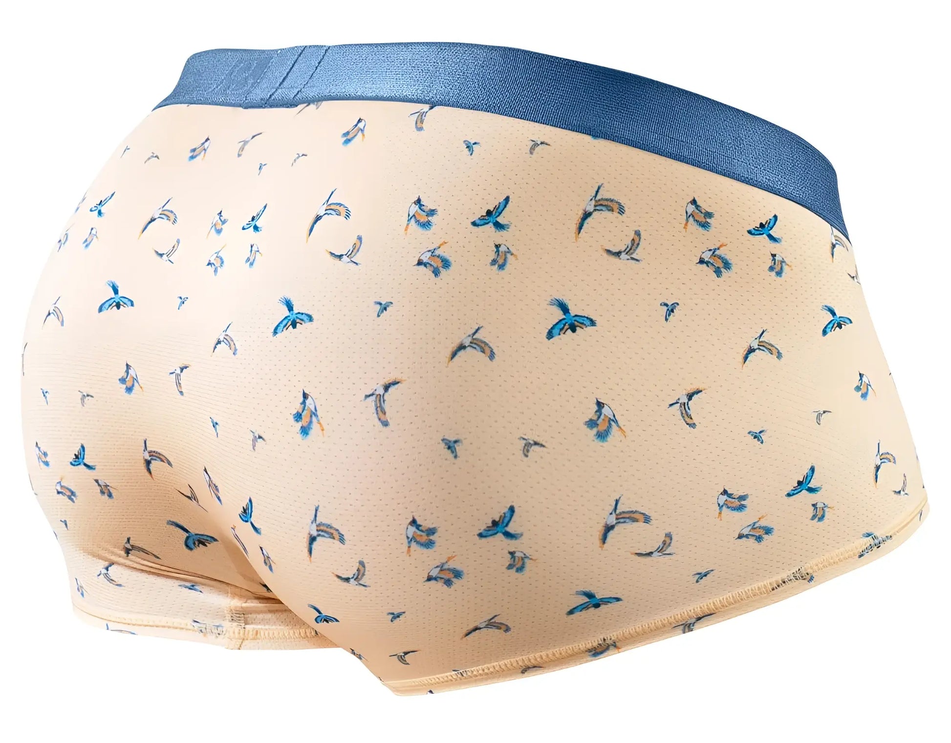 Beige ergoWear ew1774 slk se trunks with blue bird pattern and solid navy waistband in peach-birds color