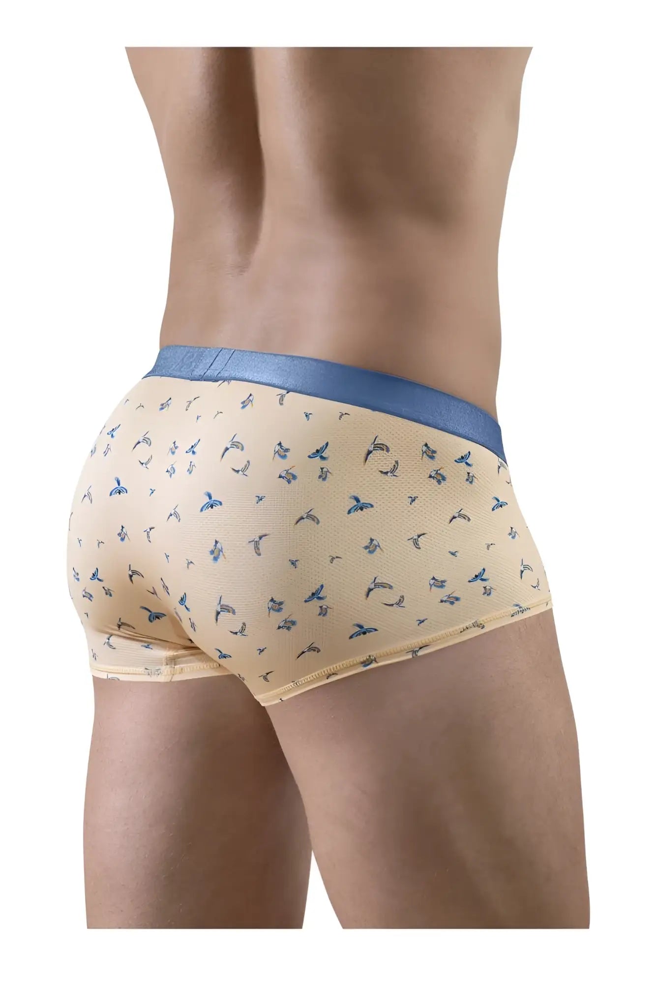Beige ergoWear ew1774 slk se trunks with blue bird pattern and solid blue waistband in peach-birds color