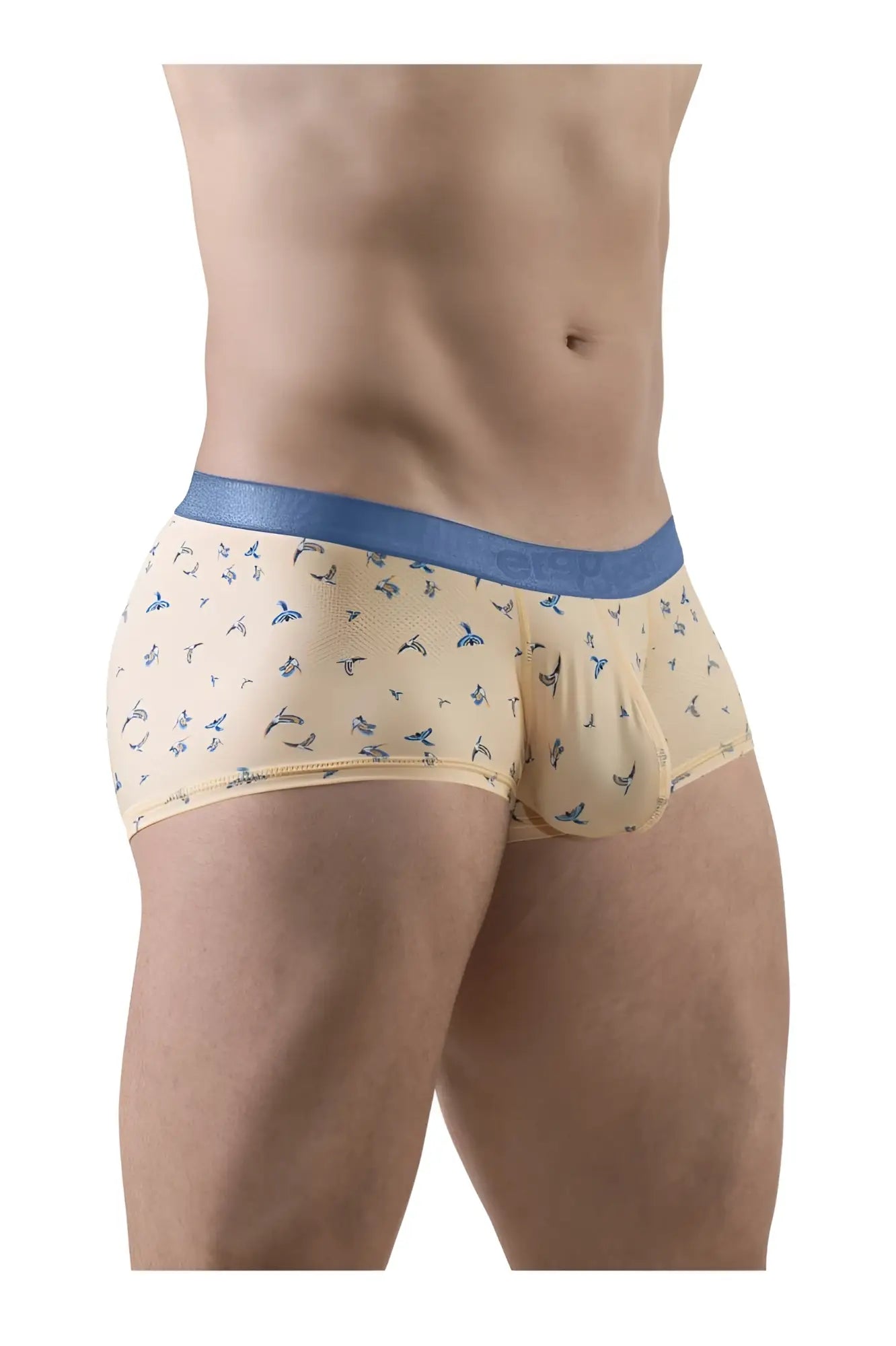 Beige ergoWear ew1774 slk se trunks with blue elastic waistband and peach color bird patterns on soft fabric