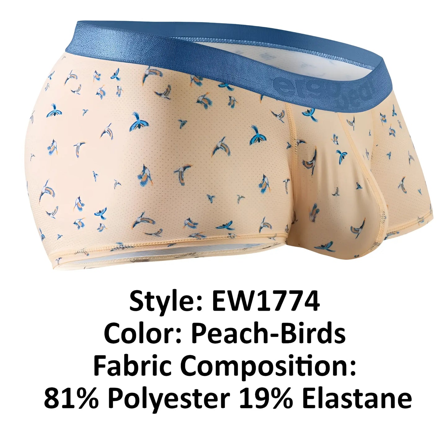 ErgoWear ew1774 slk se trunks in peach with blue bird pattern and solid blue waistband for comfortable fit