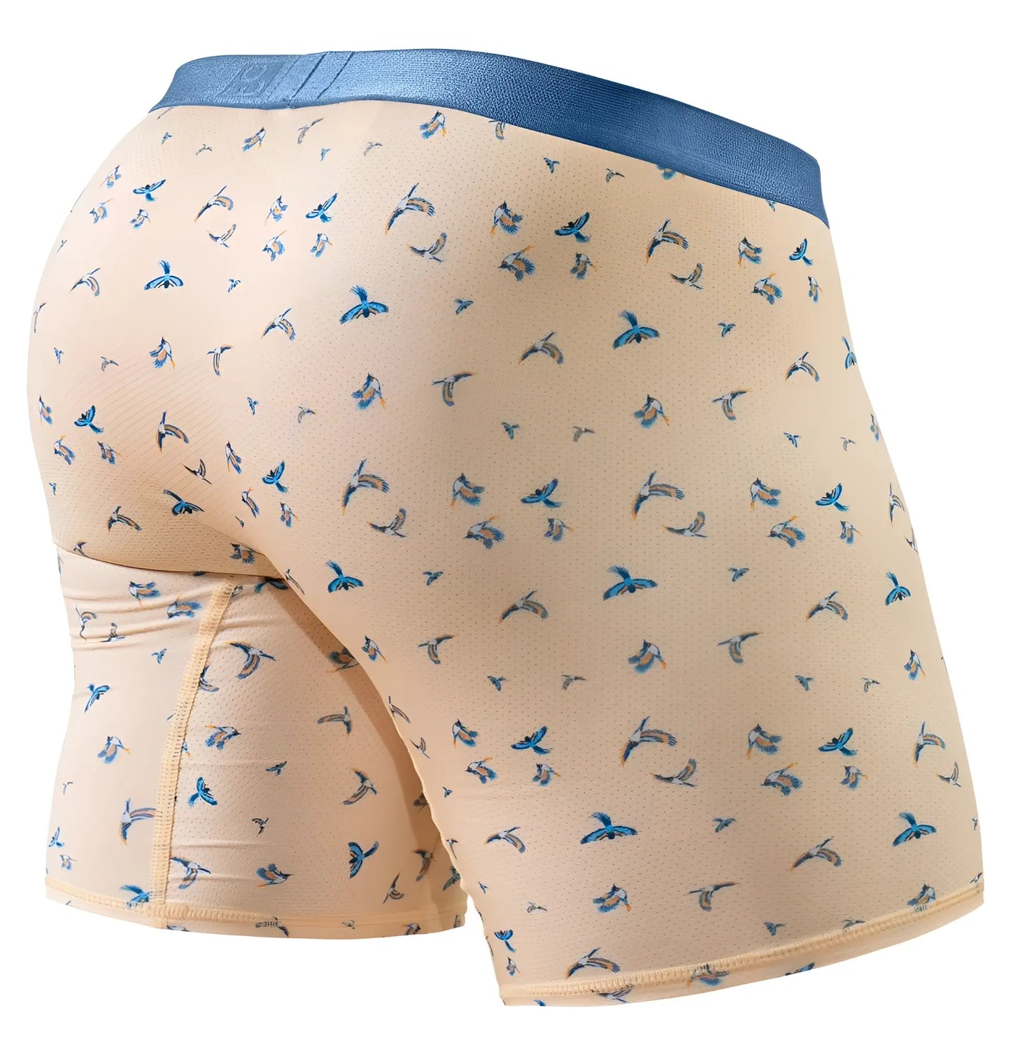 Beige boxer briefs with blue bird pattern and solid blue waistband from ergowear ew1775 slk se collection