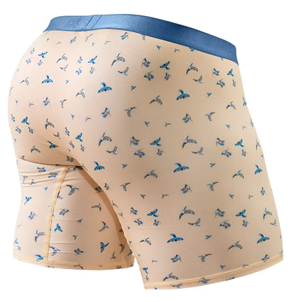 Beige boxer briefs with blue bird pattern and solid blue waistband from ergowear ew1775 slk se collection