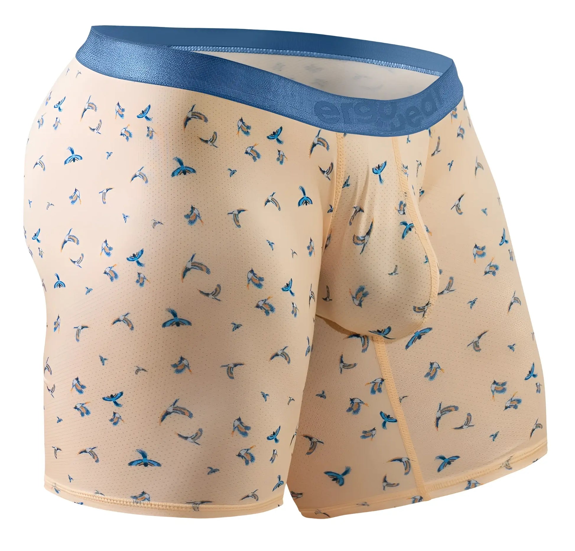 Beige ergoWear boxer briefs with blue bird pattern and solid blue waistband ergonomic peach color design