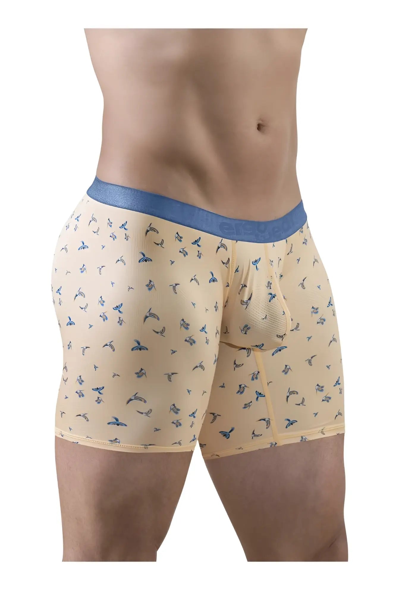 Beige ergoWear ew1775 slk se boxer briefs with blue elastic waistband and subtle blue bird pattern in peach color
