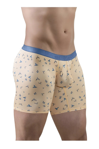Beige ergoWear ew1775 slk se boxer briefs with blue elastic waistband and subtle blue bird pattern in peach color