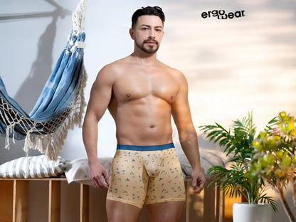 Beige ErgoWear EW1775 SLK SE boxer briefs with subtle blue and green pattern and solid navy waistband in peach birds color