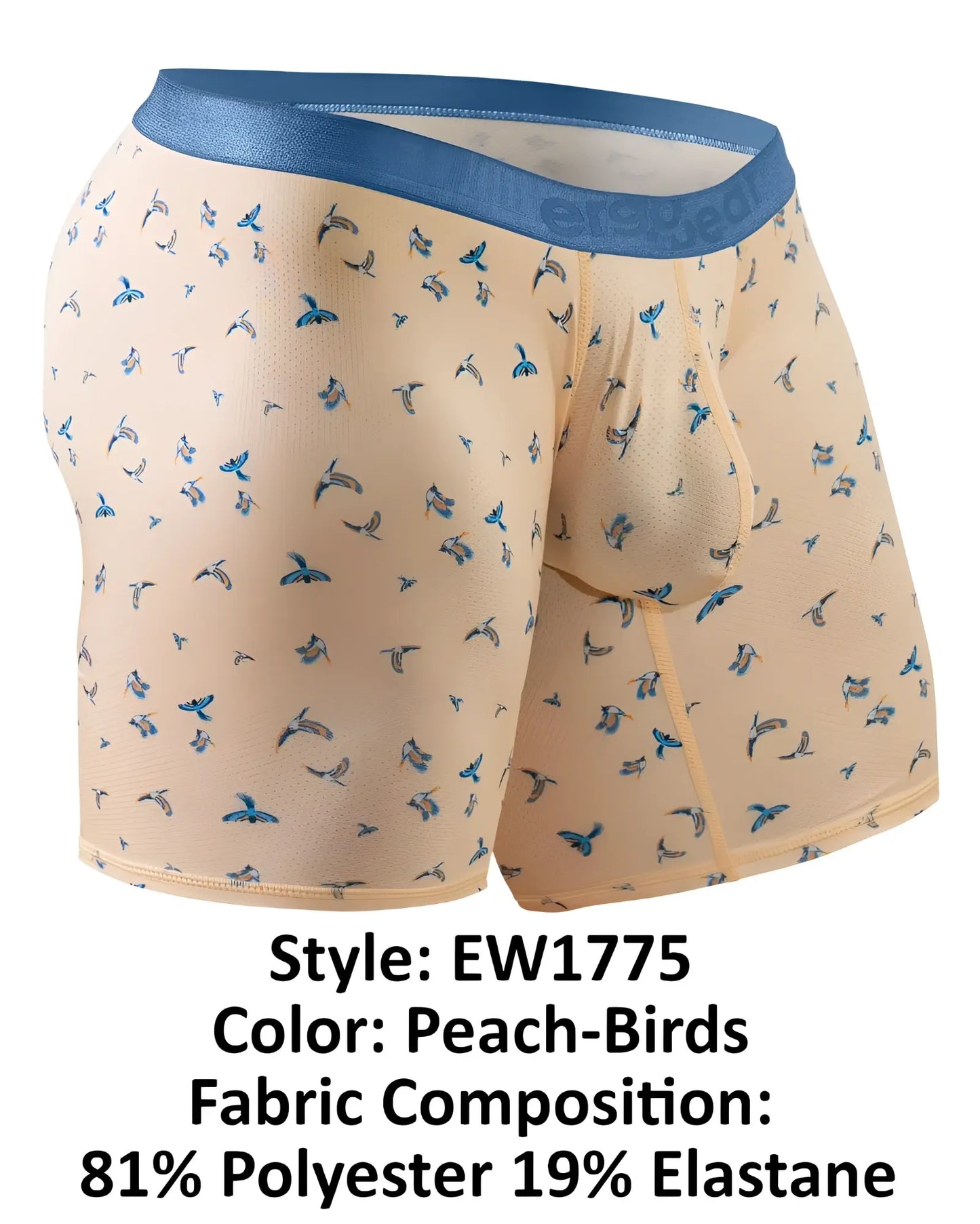 Ergowear ew1775 slk se peach boxer briefs with blue bird pattern and matching blue elastic waistband front view