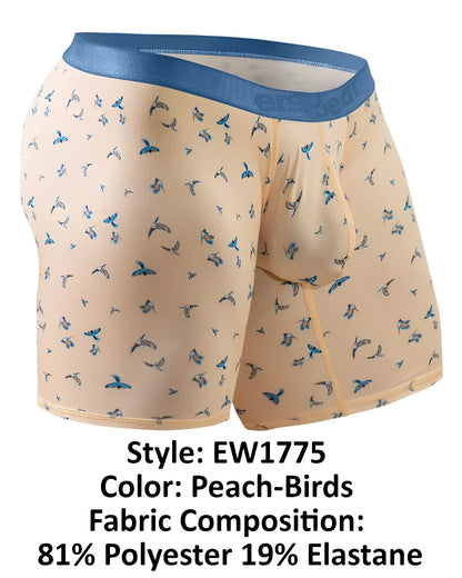 Ergowear ew1775 slk se peach boxer briefs with blue bird pattern and matching blue elastic waistband front view