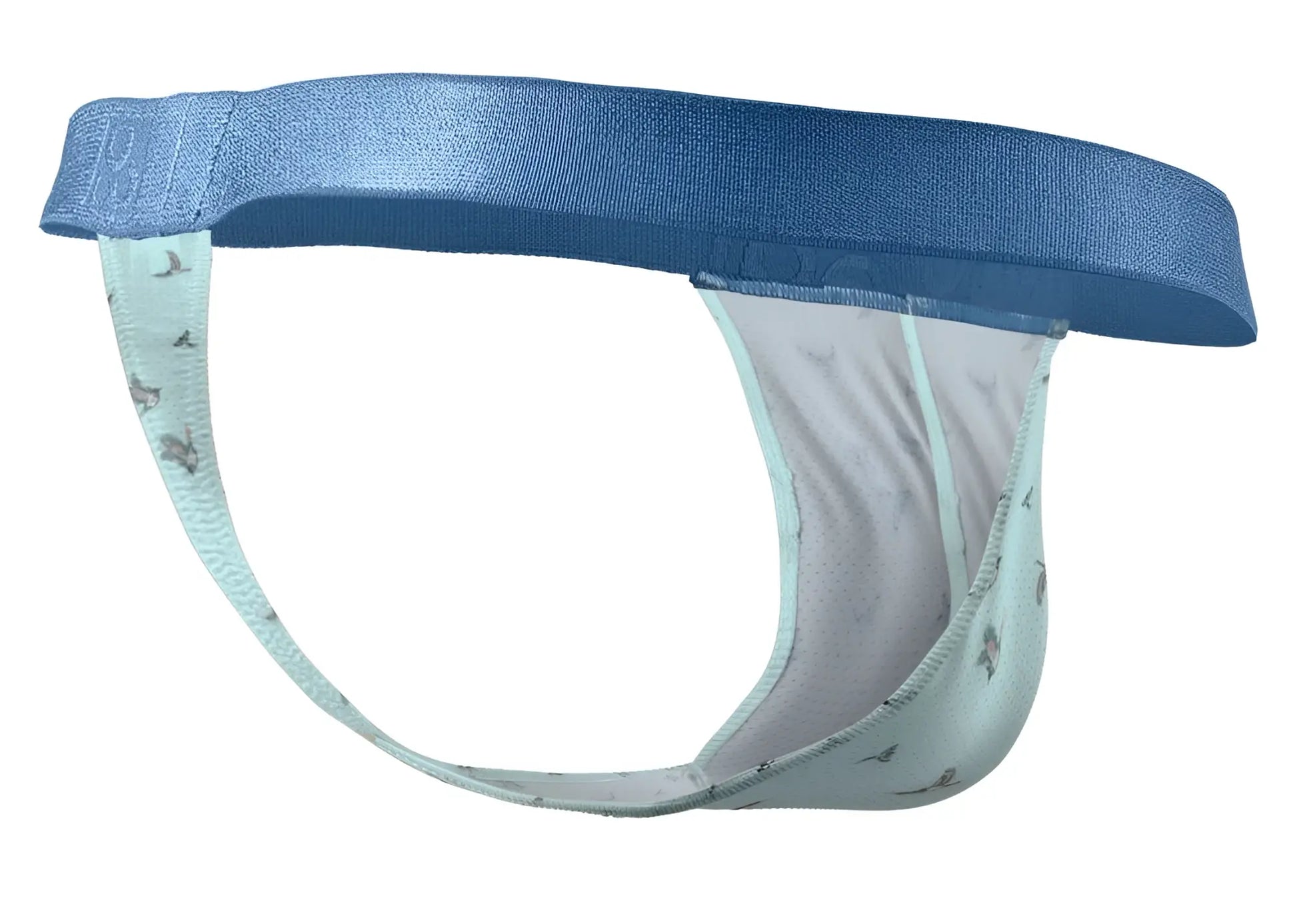 Light blue and white patterned men’s jockstrap with solid navy waistband ergo wear ew1776 slk se g-string frost-birds