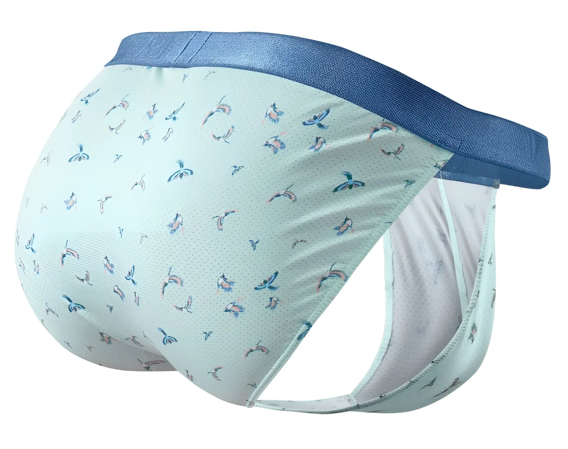 Light blue ergo wear ew1777 slk se bikini briefs with colorful bird pattern and navy elastic waistband