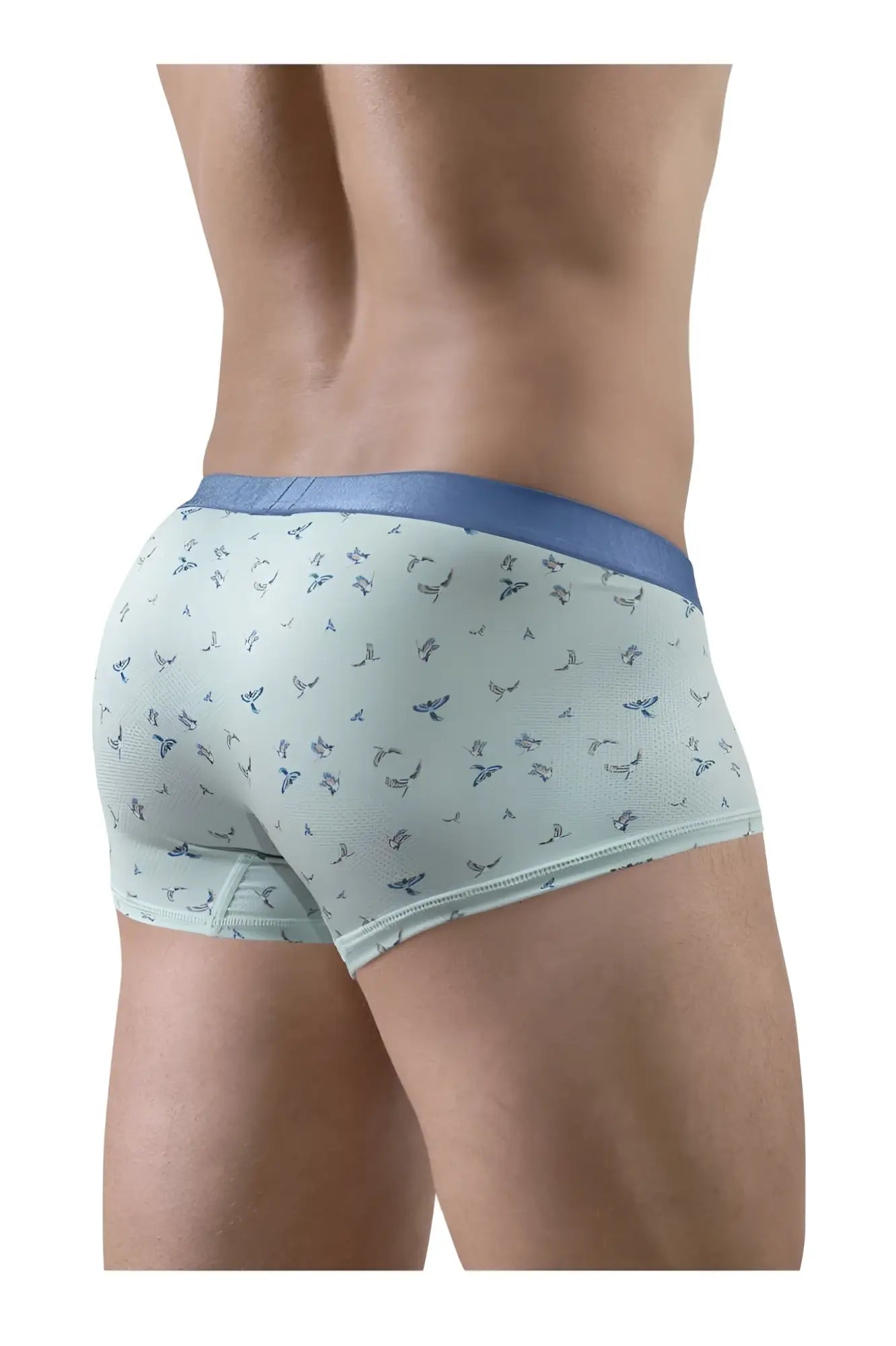 Light blue ergoWear EW1778 SLK SE trunks with subtle dark blue bird pattern and solid navy waistband