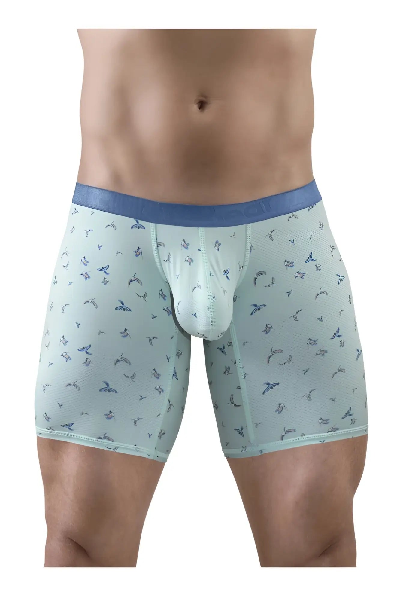 Light blue ergo wear ew1779 slk se boxer briefs with subtle bird pattern and dark blue waistband in frost-birds color