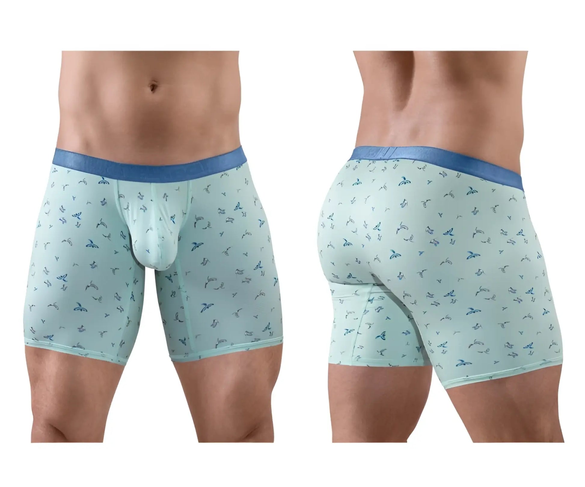 ErgoWear ew1779 slk se light blue boxer briefs with dark blue bird pattern and matching solid blue waistband