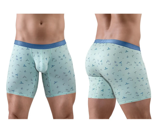 ErgoWear ew1779 slk se light blue boxer briefs with dark blue bird pattern and matching solid blue waistband