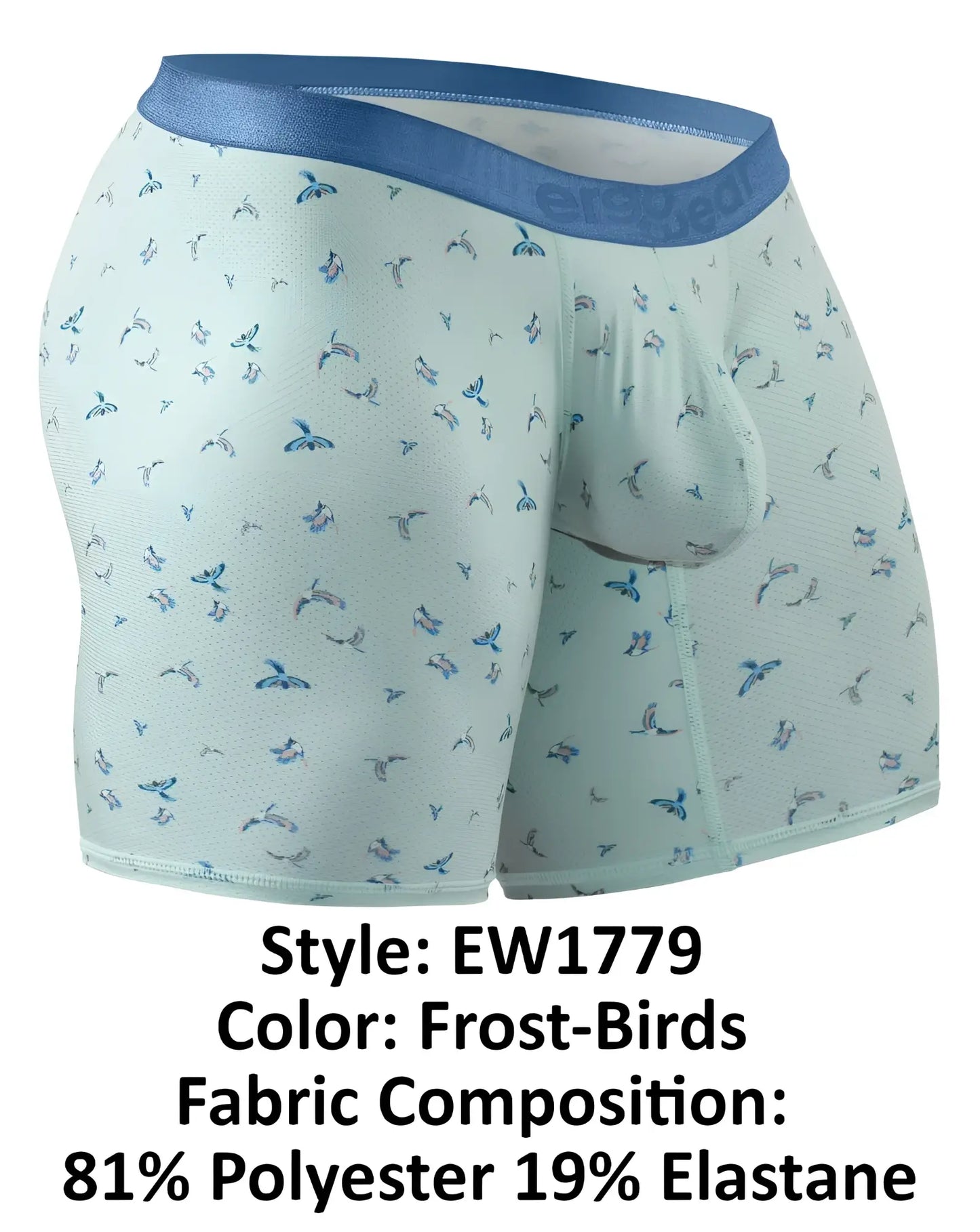 Light blue ergowear ew1779 slk se boxer briefs with subtle darker blue and gray stylized bird pattern