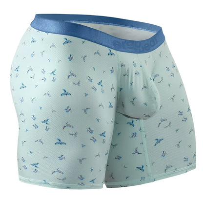 Light green ergo wear ew1779 slk se boxer briefs with blue waistband and blue bird patterns in frost design