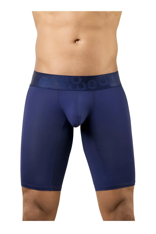 Navy blue men’s boxer briefs with matching cage embossed waistband from ergowear ew1781 max bold athletic shorts collection