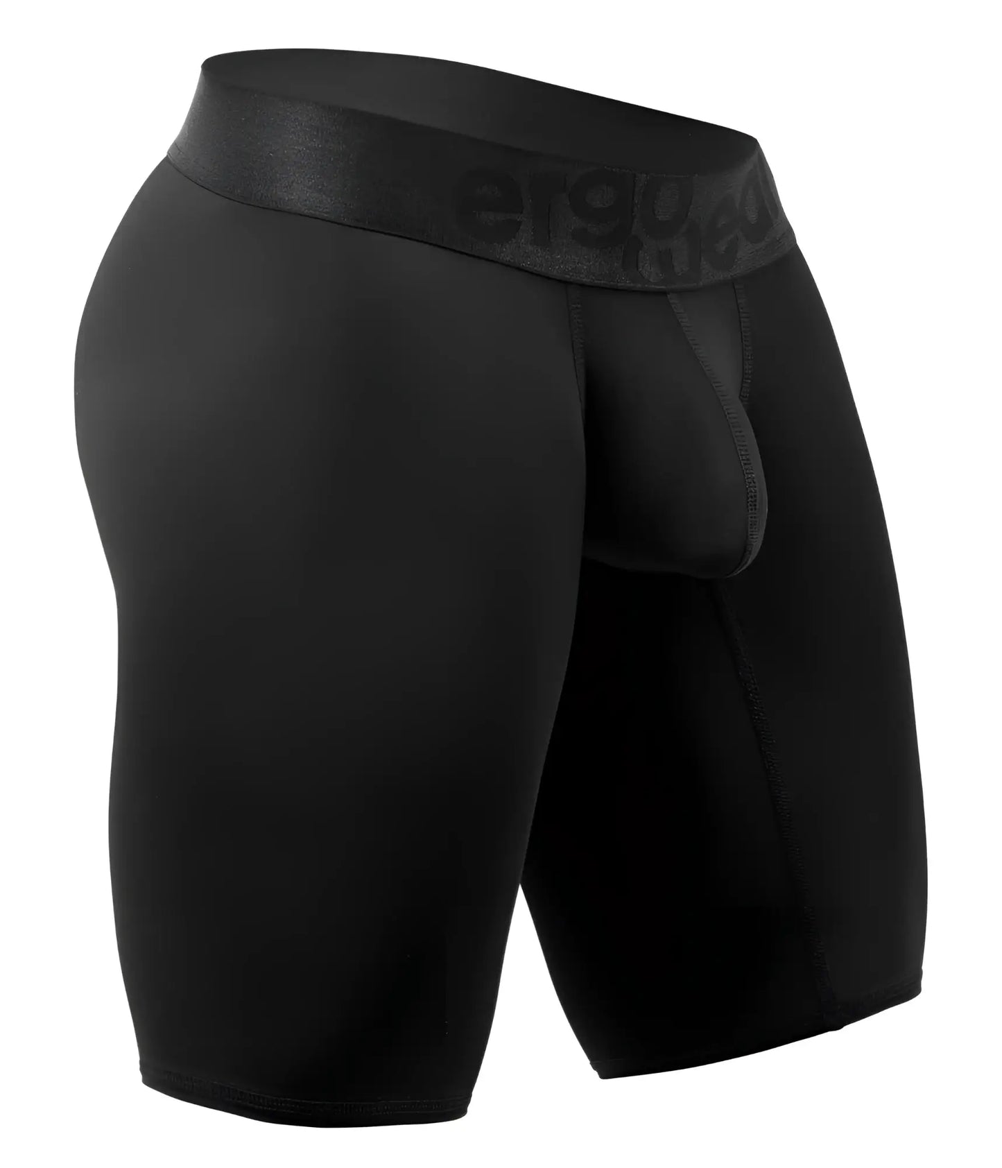 Black ergo ergonomic boxer briefs with textured waistband featuring ergo brand name for athletic use