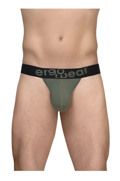 Olive green ergonomic briefs with black waistband and gray ergo wear logo designed for maximum airflow comfort