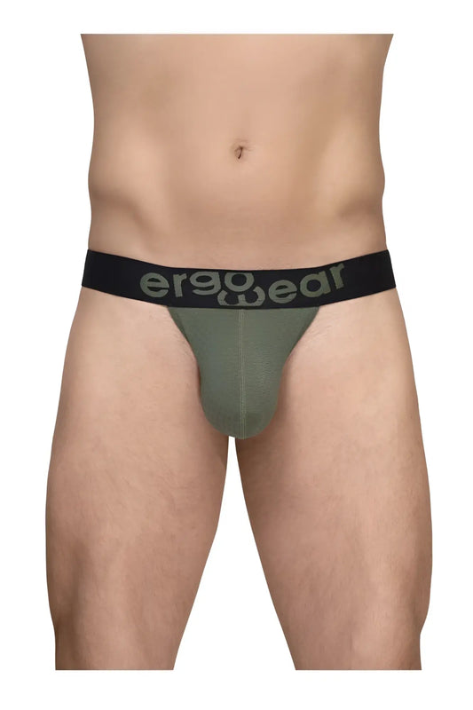 Olive green ergonomic briefs with black waistband and gray ergo wear logo designed for maximum airflow comfort