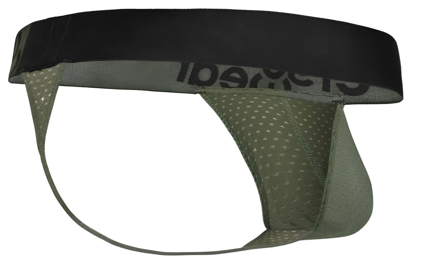 Olive green mesh brief with black elastic waistband and cheetah branding from ergowear ew1785 max flow g-string