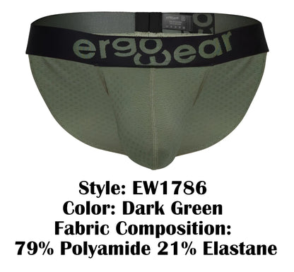 Dark green ergo wear ew1786 max flow ergonomic briefs with black waistband and gray logo lettering