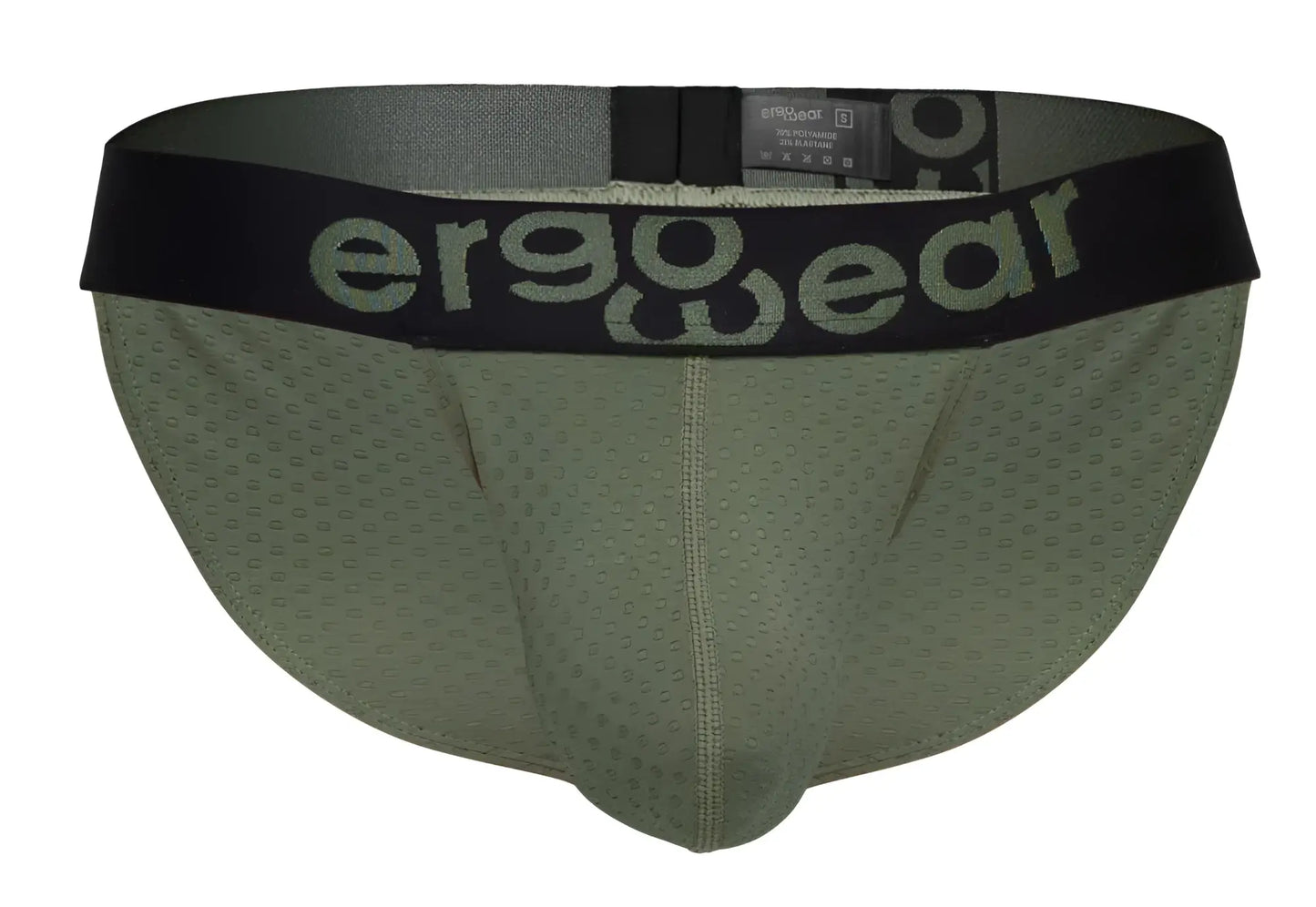 Olive green ergo wear ew1786 max flow bikini briefs with ergonomic design and black waistband in dark green color