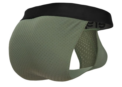 Olive green mesh briefs with black elastic waistband ergo wear ew1786 max flow bikini color dark green front view