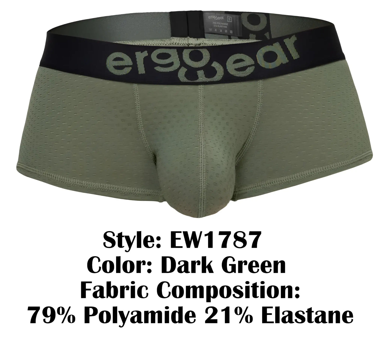Dark green ergo wear ew1787 max flow trunks with black waistband made of 79% polyamide and 21% elastane