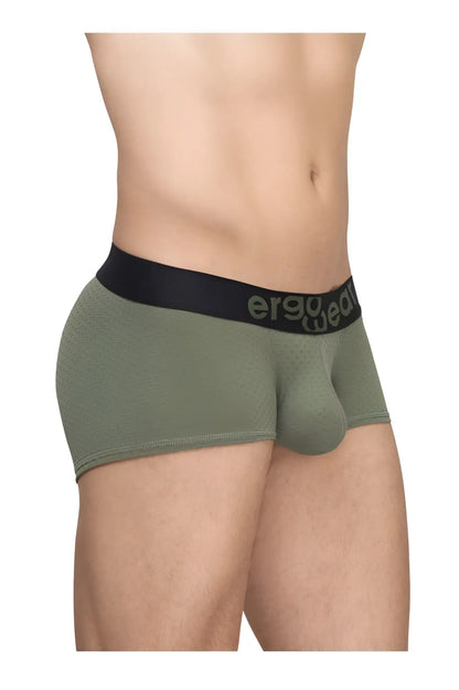 Olive green ergonomic briefs with black waistband featuring ergo wear logo from ergo wear ew1787 max flow trunks collection