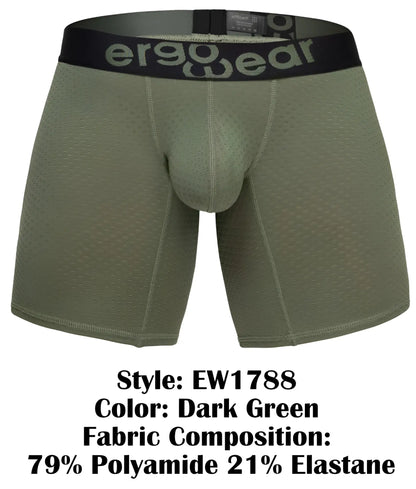 Dark green ergo wear ew1788 max flow ergonomic boxer briefs with black waistband made of 79 polyamide 21 elastane